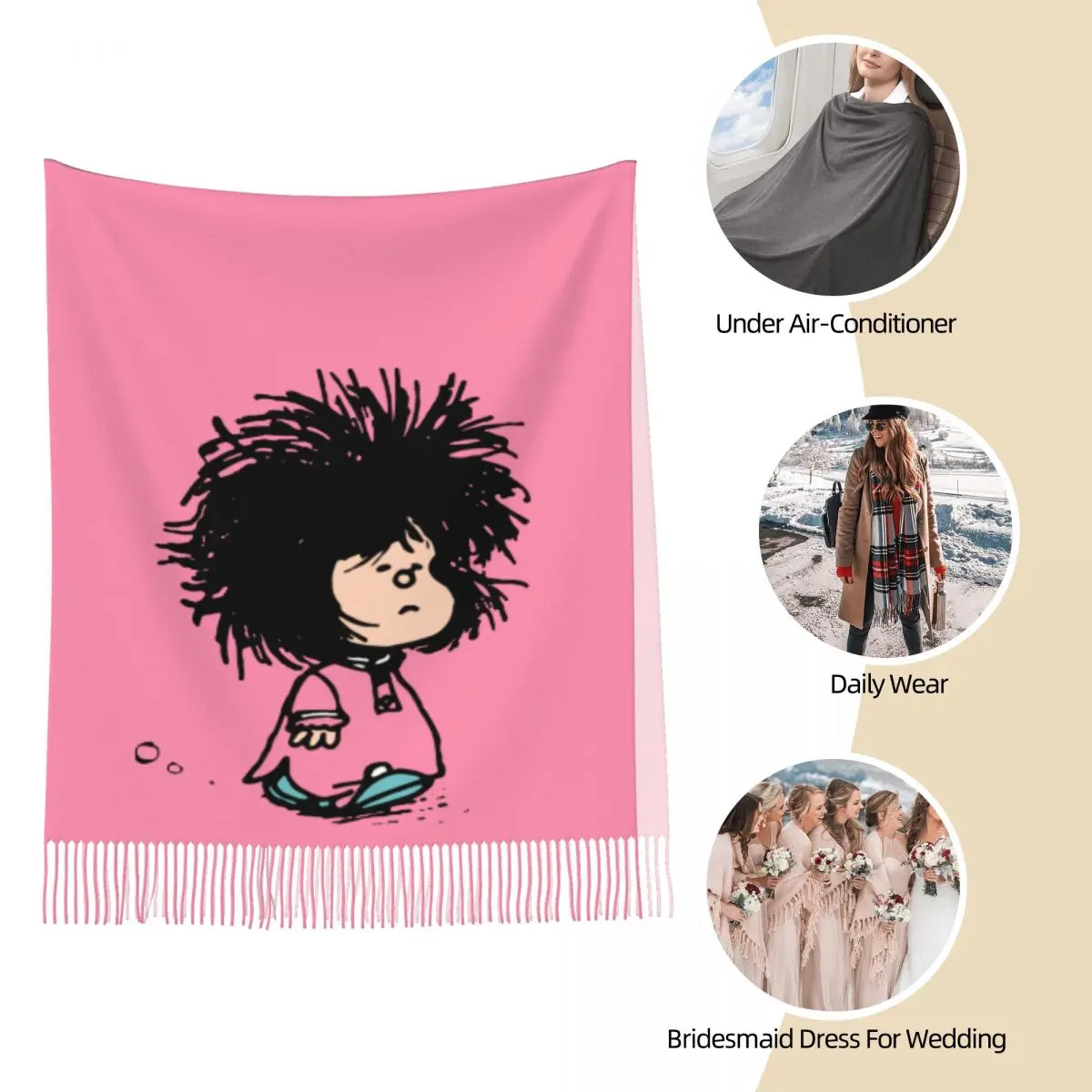 Mafalda With Nightgown Quino Argentina Cartoon Shawl Wrap for Women Warm Large Long Scarf Reversible Shawl Scarves