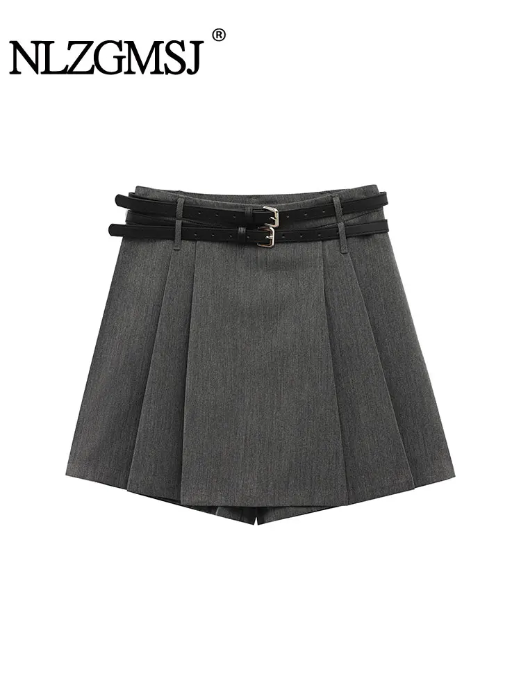 

202, весна-лето, женская повседневная шикарная юбка, однотонная короткая плиссированная юбка с поясом на молнии, модная уличная мини-юбка