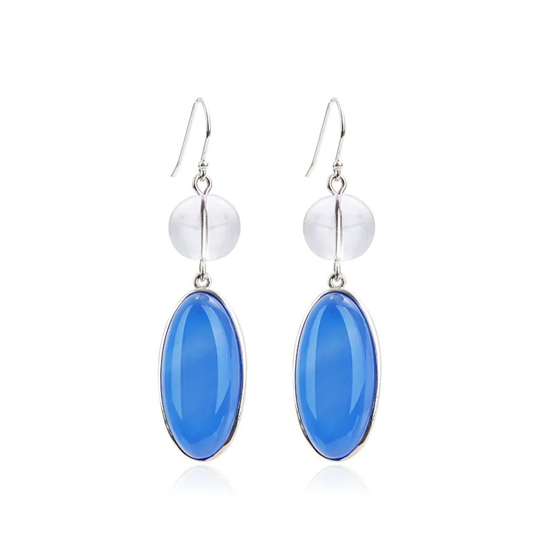 

S925 silver inlaid Blue Chalcedony Earrings long round white crystal new style