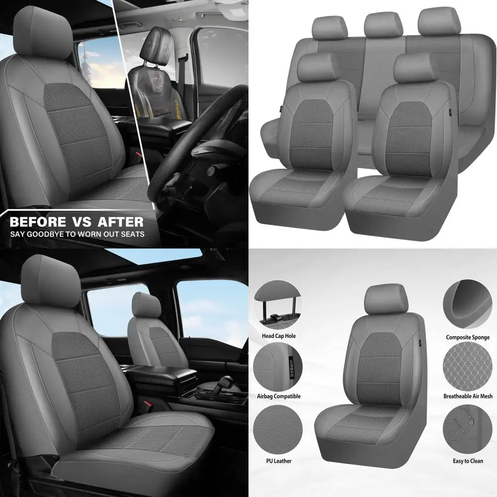 

Чехлы на автомобильные сиденья из дышащей кожи — полный комплект, совместимые с подушкой безопасности, серые для автомобилей, внедорожников, грузовиков и фургонов