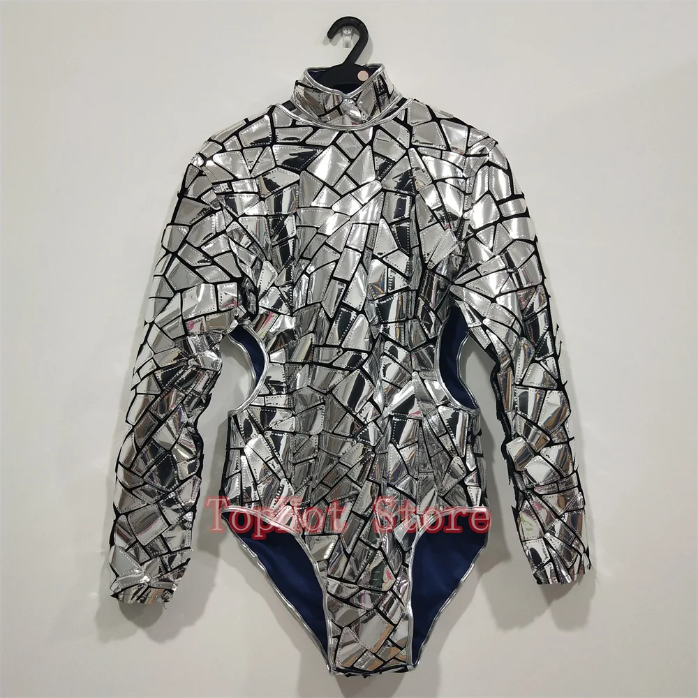 Purple Silver Mirrors Bodysuit Cutout Gogo Costume Women Dancer Team Dance Leotard Nightclub Party Sexy Performance Stage Wear