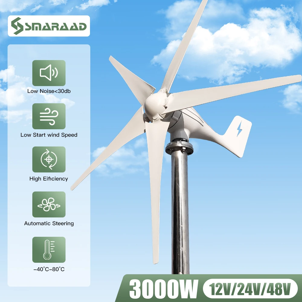 

3000W Horizontal Wind Turbine Generator 12V 24V 48V Powerful Dynamo Free Energy With MPPT Off Grid System Homeuse Windmill