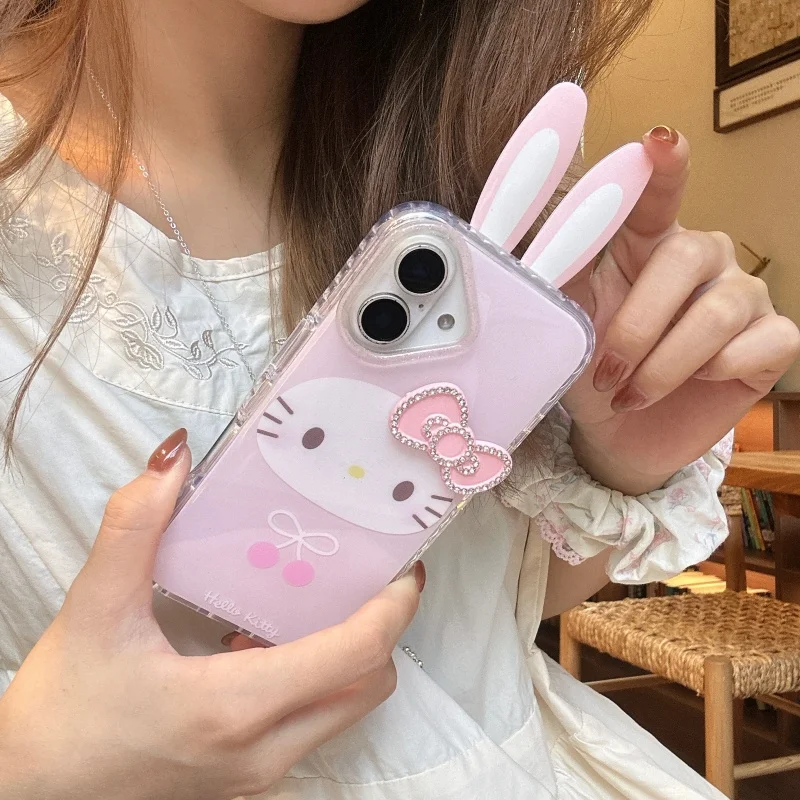 

Kawaii Cute cartoon Pink Hello Kitty Cat 3D Mini Rabbit Ears Phone Case For iPhone 14 13 15 16 Pro Max Bow cherry Kitty Cover