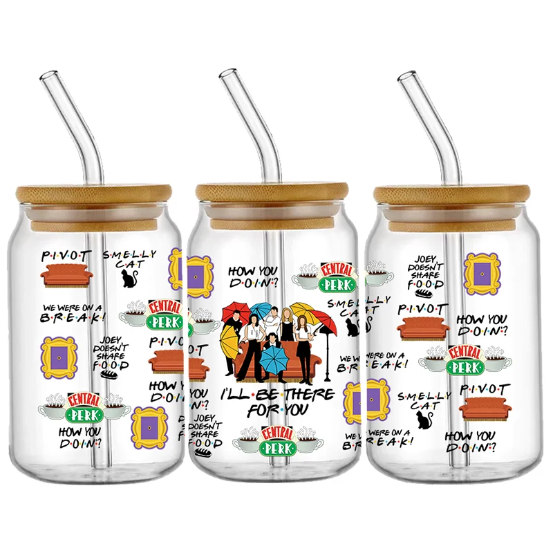 5pcs Movie Friend Character Pattern UV DTF Wraps Transfer Sticker For 16oz Libbey Glass Cup DIY Waterproof 3D Stickers No Glass