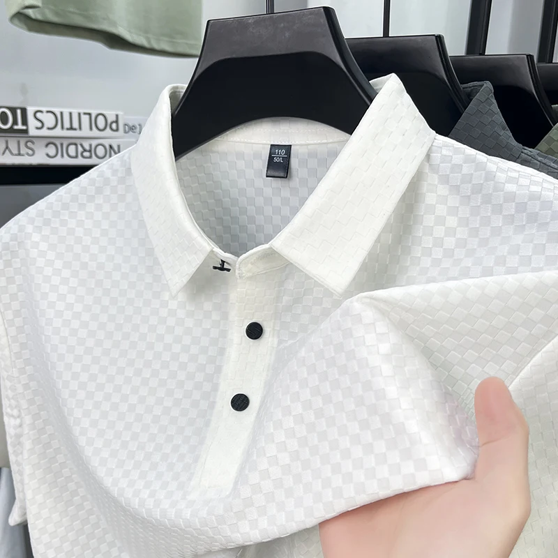 2026 New Waffle Men's Short Sleeve Brand Authentic Polo Shirt High Grade Ice Silk White High Grade Sensation Summer Neck