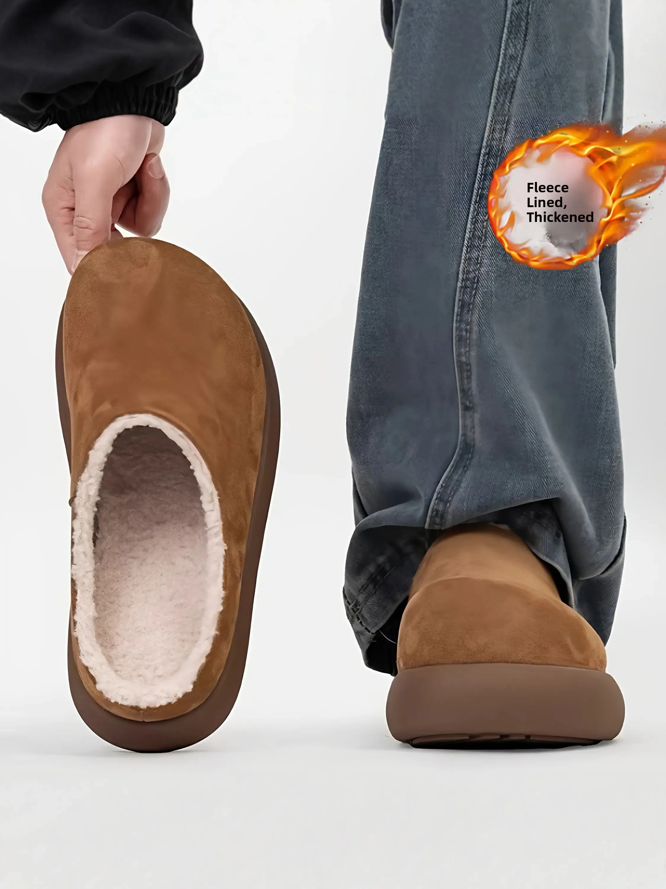 Men's Winter Thickened Fleece Lined Slip-On Shoes Office Wear Waterproof Anti-slip Cotton Slippers Warm Youth Trend Flat Heel