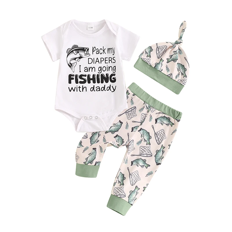 

Baby Boy Summer Outfit Letter Print Short Sleeve Romper with Fish Pattern Pants and Hat