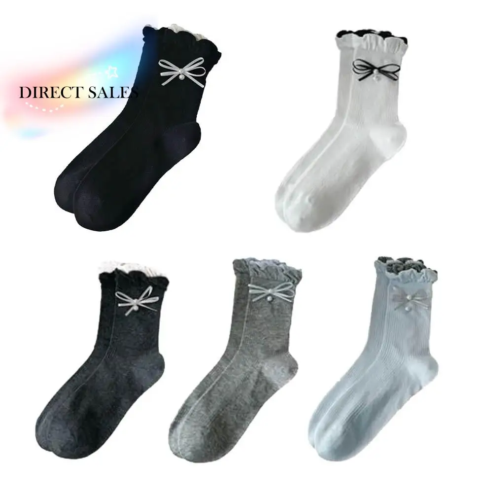 

5Pairs Cute Ruffle Bowknot Pearl Socks Ins Style Breathable Mid Tube Socks Thin Female Hosiery Sweet Socks Women Streetwear