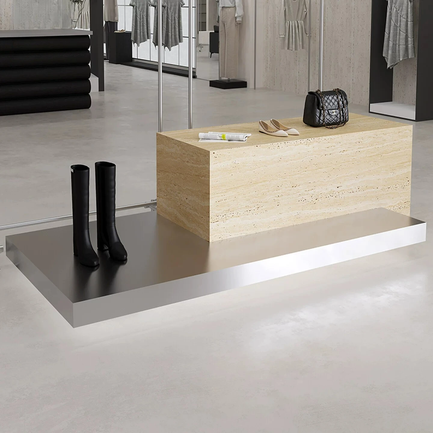 Nakashimadai Flowing Water Platform Shoe and Bag Display Table Stainless Steel Showcase in the Middle of the Store Travertine Sh
