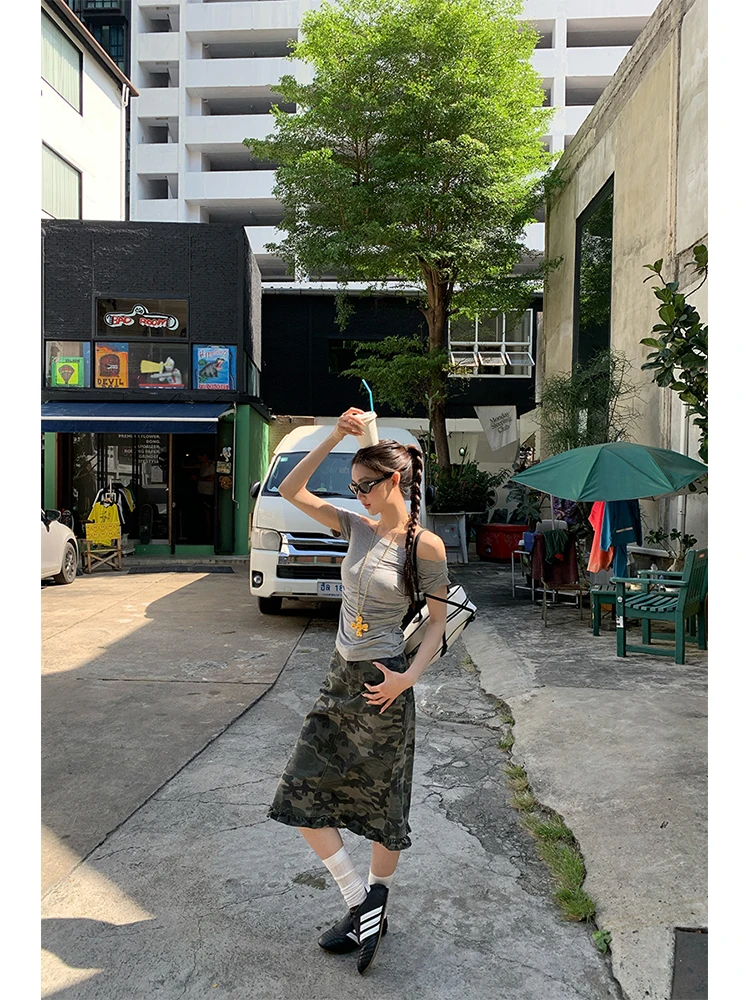 

Хлопковая джинсовая юбка с высокой талией, женская весенне-осенняя юбка с хвостом Fi, камуфляжная юбка из чистого хлопка, Sli Commute Sle