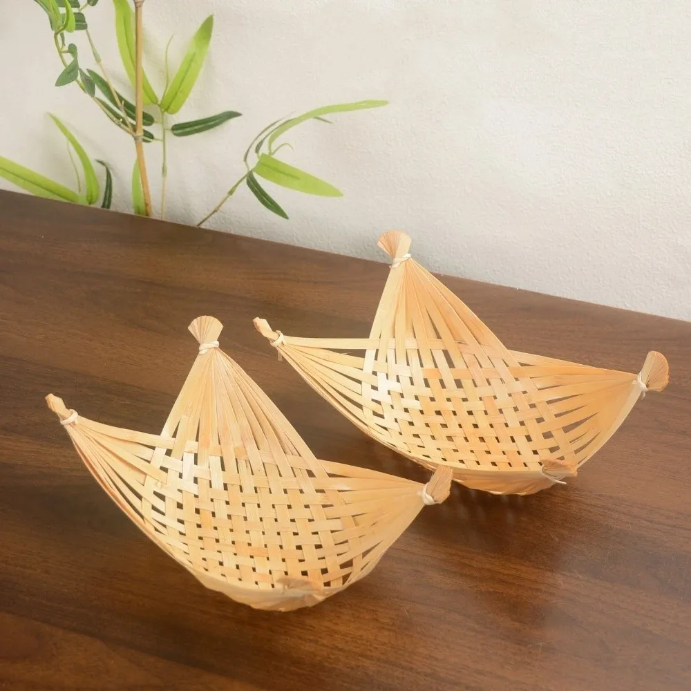 Japanese Style Bamboo Food Tray Four Pointed Ends Natural Fried Food Basket Eco-Friendly Rustic Bamboo Basket Living Room