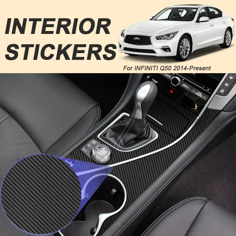 Car Carbon Fiber Gear Shift Panel Sticker Window Control Door Pull Handle Dashboard Trim Auto Part For INFINITI Q50 2014-Present