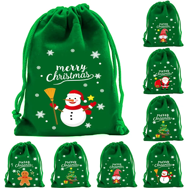 50pcs/lot 10x12cm / 3.9x4.7 inches Christmas Gift Packaging Bags Santa Claus Snowman Velvet Drawstring Pouches Children's Bags