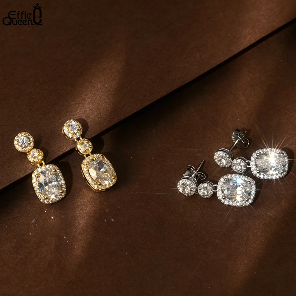 EFFIE QUEEN Fashion 925 Pure Silver Shiny 8A White Zircon Drop Earrings Geometric Pendant Ear Elegant Daily Jewelry Gift LZE59