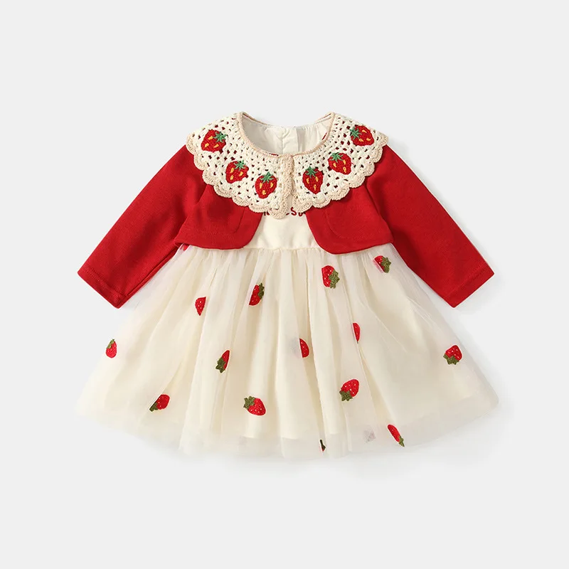 

Cute Baby Girls Clothes Spring Autumn Strawberry Mesh Dress Fake Two-Piece Patchwork Red Long Sleeve Toddler Princess Dresses