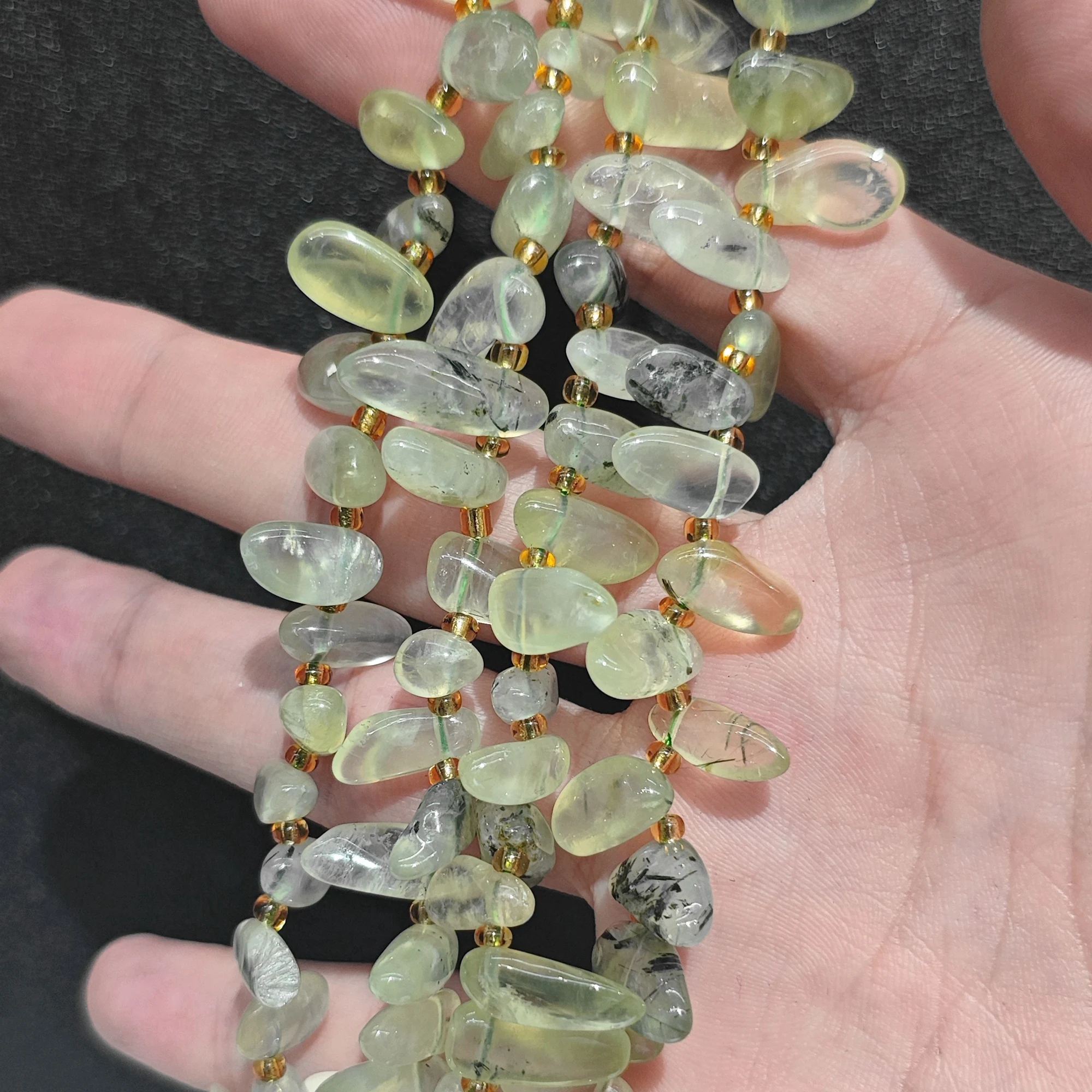 Natural Prehnite with Black Tourmaline Long Chip Bead Strand Gemstone Elongated Pebble Loose Beads Green Crystal Present