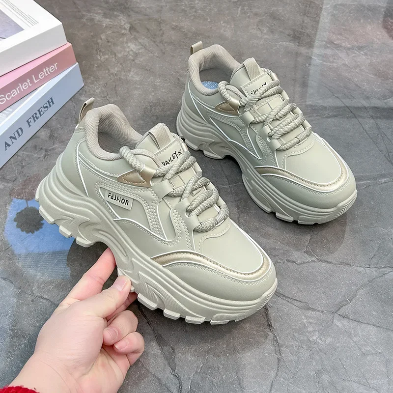 2025 Spring New Women Sneakers Autumn Lightweight Lace-Up Thick Sole Height Increasing Pu Leather Casual Sports Running Shoes