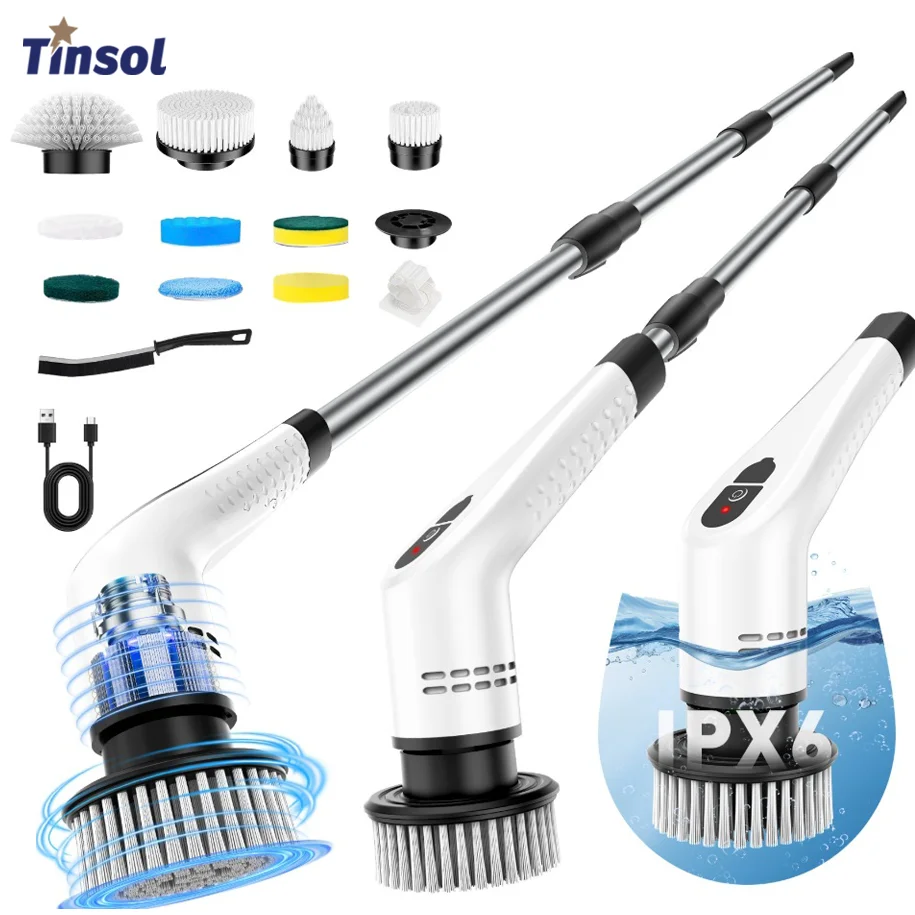 TINSOL 12 in 1 Electric Cleaning Brush with Telescopic Handle, Multifunctional Household Floor and Kitchen Cleaning Tool