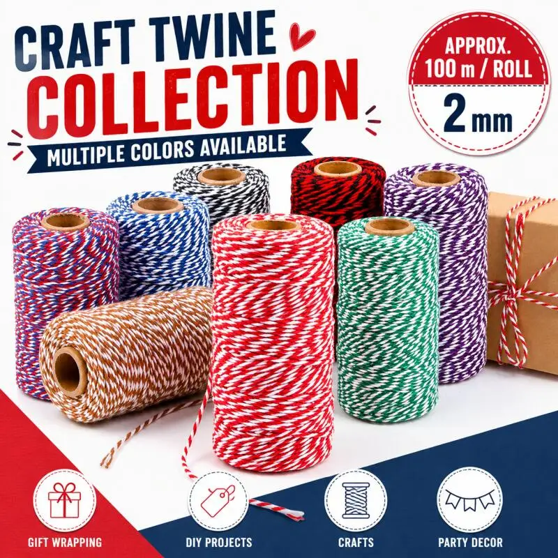 100M 2mm Zweifarbige Baumwollschnur für Heimdekoration, Handgemachte Weihnachtsgeschenkverpackung, Basteln und DIY Geschenkverpackung – Detail 1