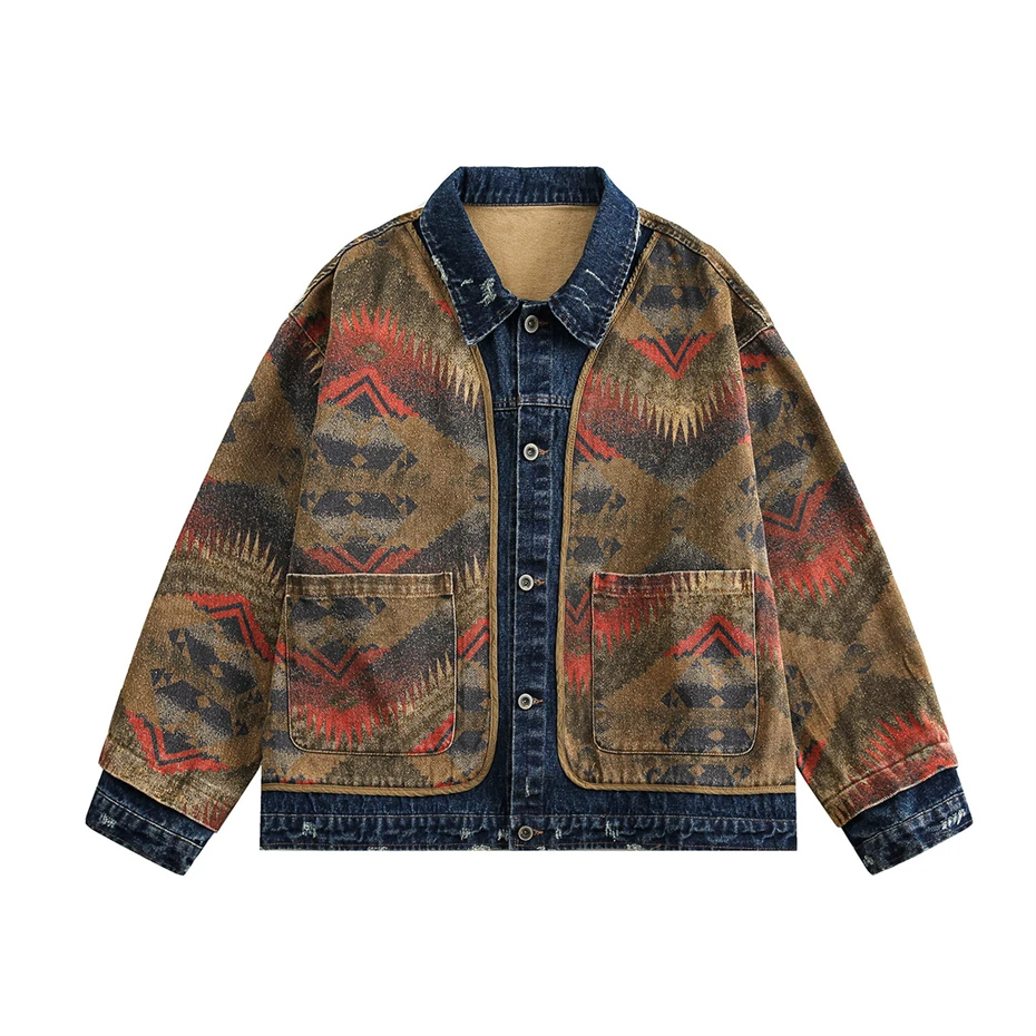 

Vintage Patchwork Jacquard Jackets Men Women National Style Spring New Jackets American Washed Oversized Streetwear Hip Hop Coat
