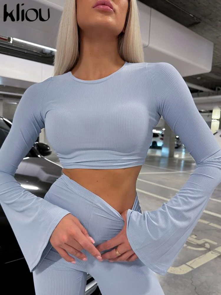 kliou Casual Matching Autumn 2 Piece Women Simple Solid Fuel Lantern Sleeve Crop Tees+High Waist Stretch Flare Pants Sporty Set