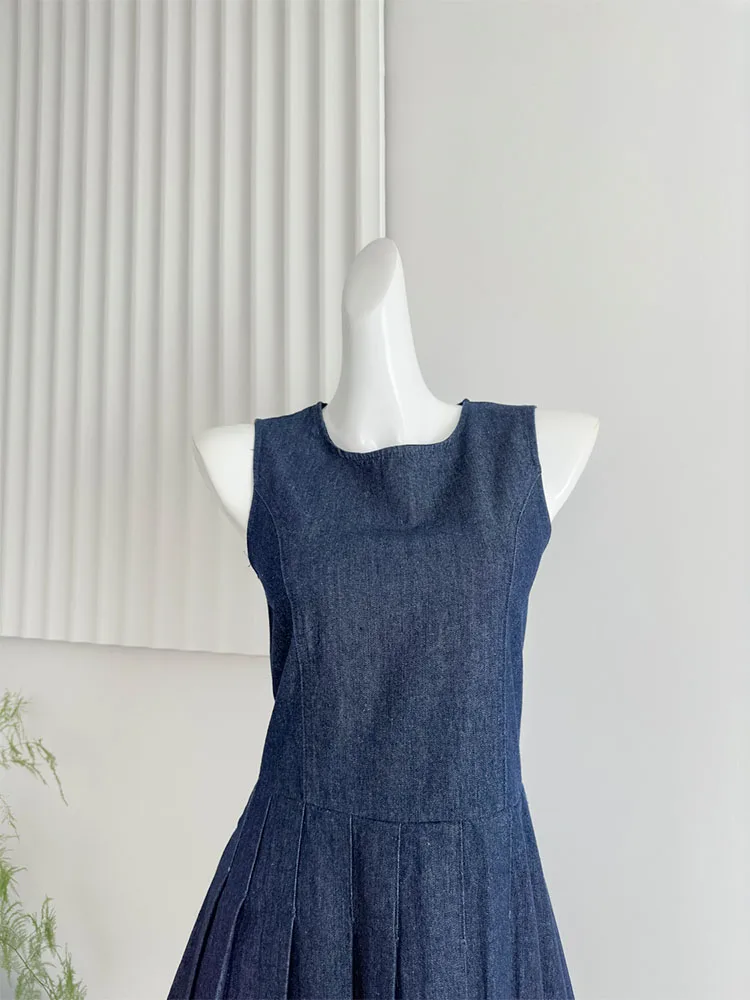 Korean Fashion O-Neck Sleeveless Camisole Dress Women Blue Slim Mini Pleated Dress Autumn Y2k Simple One-Piece Frocks 2024 New