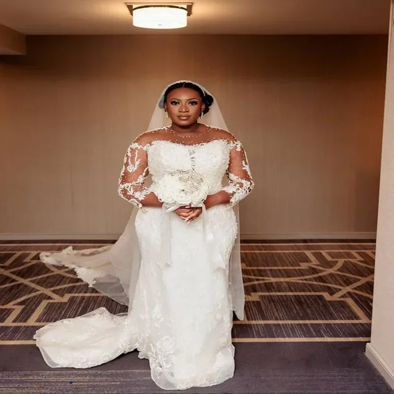Maßgeschneidertes wunderschönes Brautkleid mit O-Ausschnitt und Spitze und Perlen, Sweep-Zug, lange Ärmel, Vestidos De Noiva, Meerjungfrau, afrikanisches Brautkleid