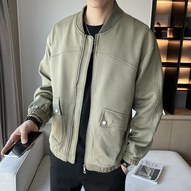 

Autumn Retro High Street Couple Bomber Jacket Solid Color Stand Collar Pocket Baseball Jacket Men Coat Jacket Male Club Outfit