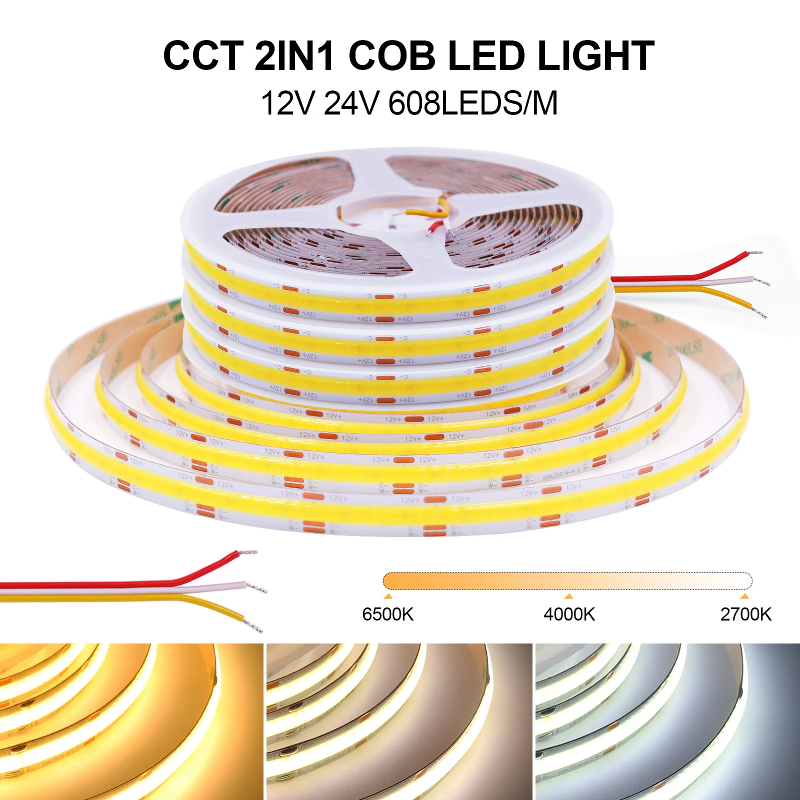 

CCT COB LED Strip 24V 12V High Density 608LEDs/m Waterproof IP21 IP67 Flexible COB LED Tape RA90 2700K to 6500K Linear Dimmable