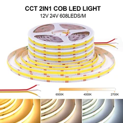 CCT COB LED Strip 24V 12V High Density 608LEDs/m Waterproof IP21 IP67 Flexible COB LED Tape RA90 2700K to 6500K Linear Dimmable