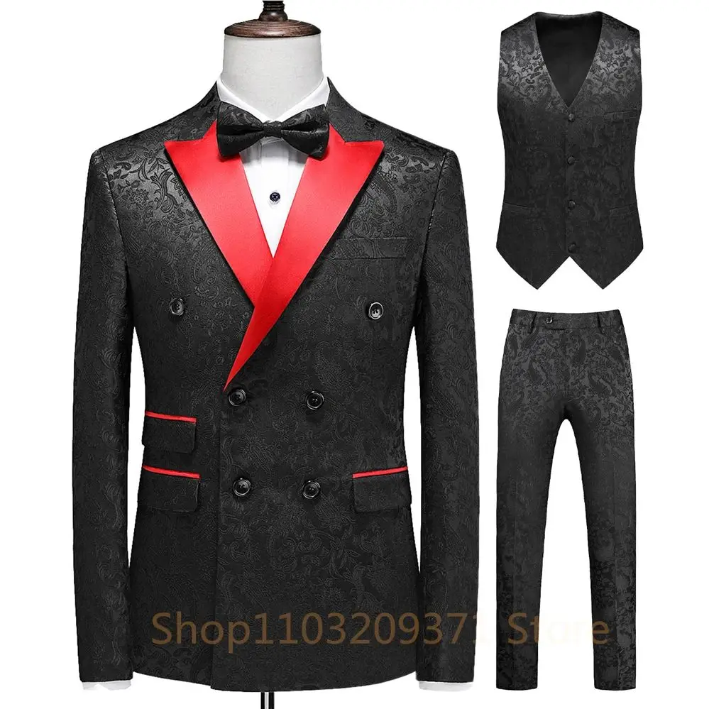 Floral Suits for Men Slim Fit Jacquard Wedding Tuxedo Black and Red Gentleman Jacket with Vest Pant 3 Pcs 2024