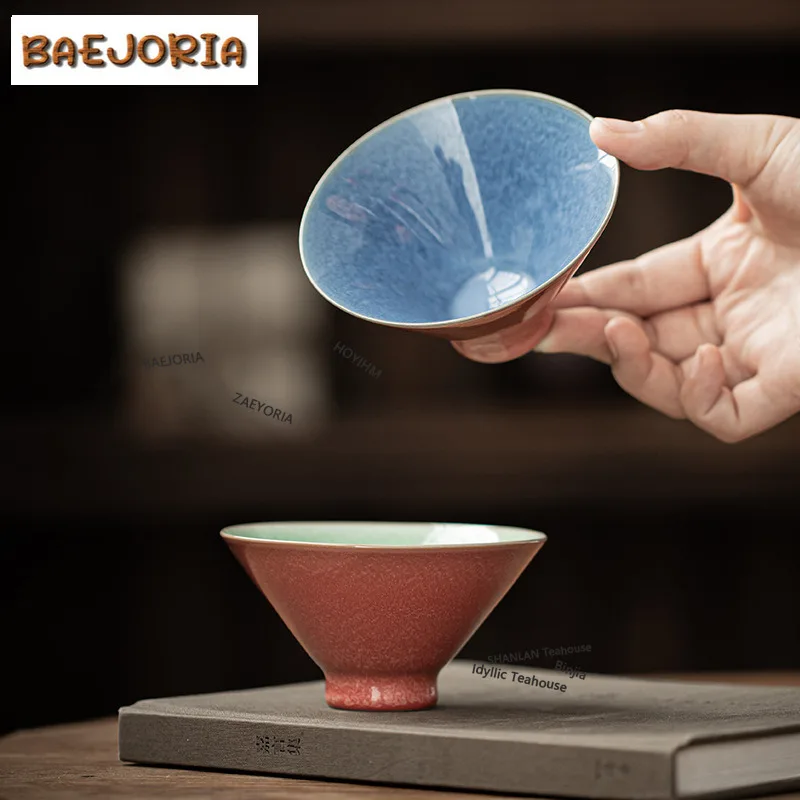 BAEJORIA 120ml Kiln Fambe Cowpea Red Bamboo Hat Teacup Handmade Tea Bowl Jug Tea-tasting Smelling Cup Chazhan Master Cups Tea