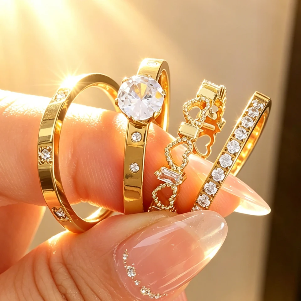 Yupsk 3pcs/set Buling Geometric Zircon Inlaid Stainless Steel Rings for Women Simple Stylish Stackable Rings Engagement Jewelry