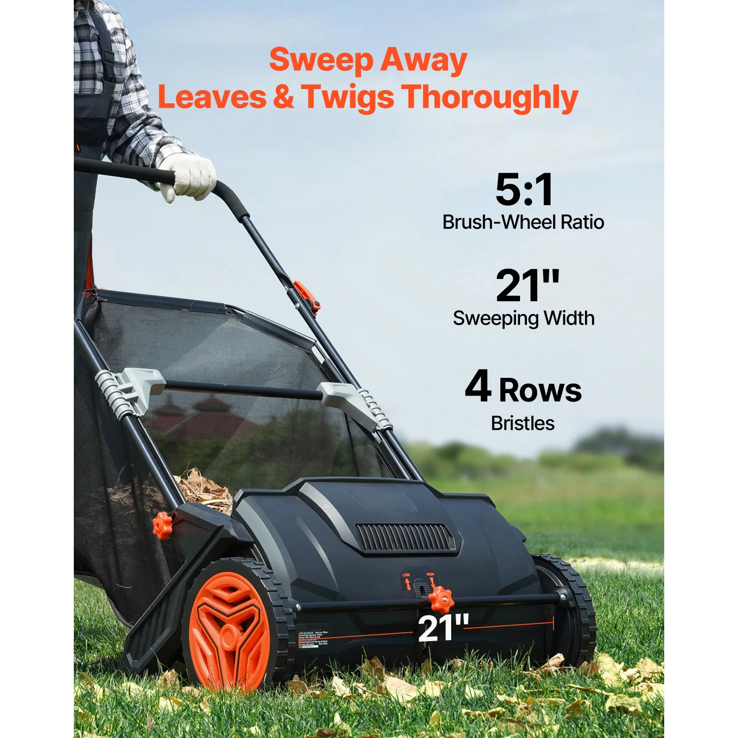 Push Lawn Sweeper, 21inch Leaf & Grass Collector, Strong Plastic Wheels & Heavy-Duty Thickened Steel Durable to Use with Large Capacity 3.5 cu. ft. Mesh Collection Hopper Bag, 2 Spinning Brushes
