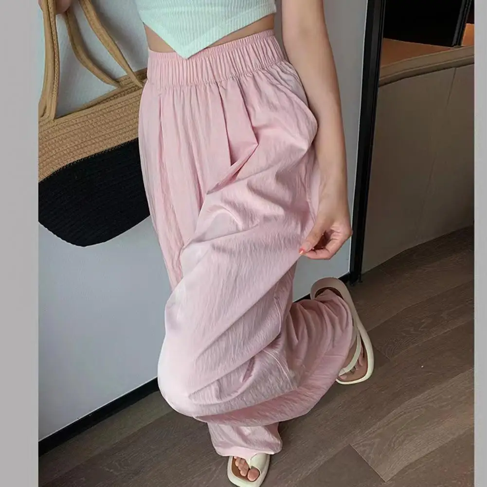 

Ladies Casual Loose Fit Trousers Women Ice Silk Wide Leg Bottoms Stylish Women's Elastic High Waist Drawstring Pants Solid Color