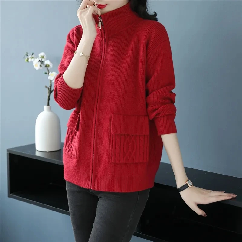 New Spring Autumn Women Knitted Jacket Solid Color Thick Zipper Cardigan Sweater Coat Casual Female Stand Collar Knit Cardigans