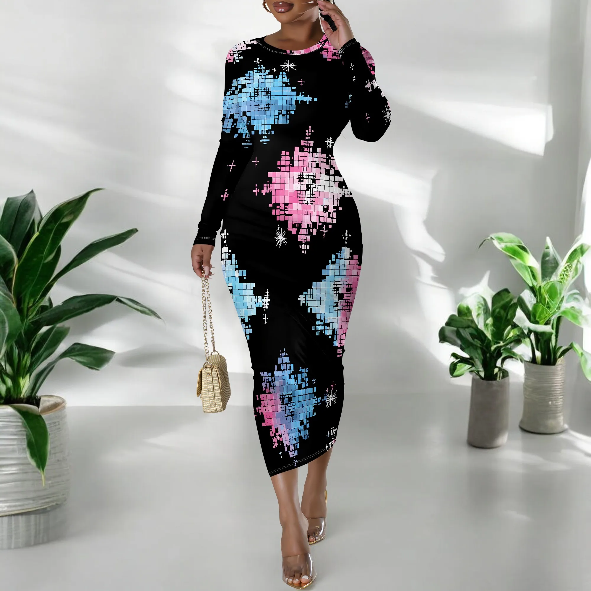 Digital Pixel Print, Long Sleeve Bodycon Dress, Abstract Butterfly Pattern, Slim Fit Midi Gown, Club Party Wear, XS-3XL