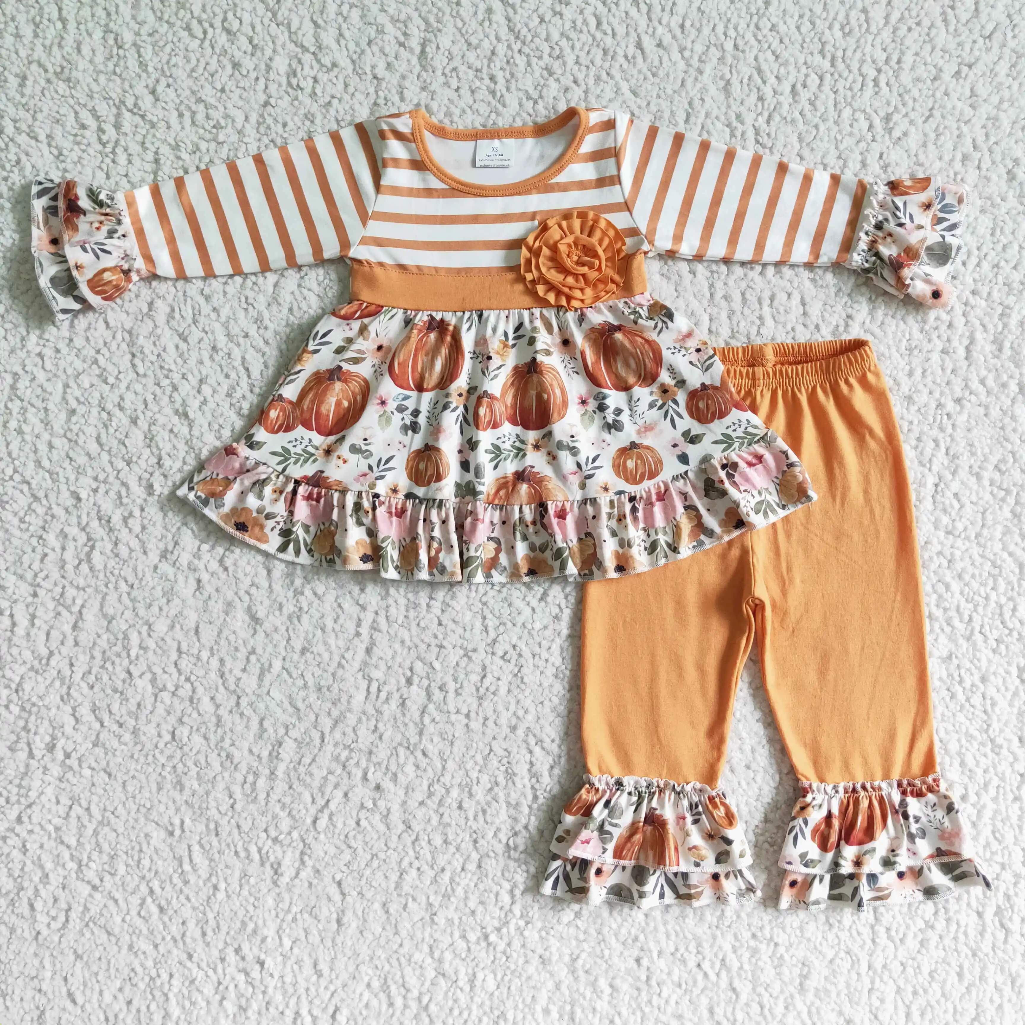 Wholesale Baby Girl Thanksgiving Outfit Stripes Long Sleeves Pumpkins Flower Tunic Children Kids Ruffle Pants Toddler Fall Set