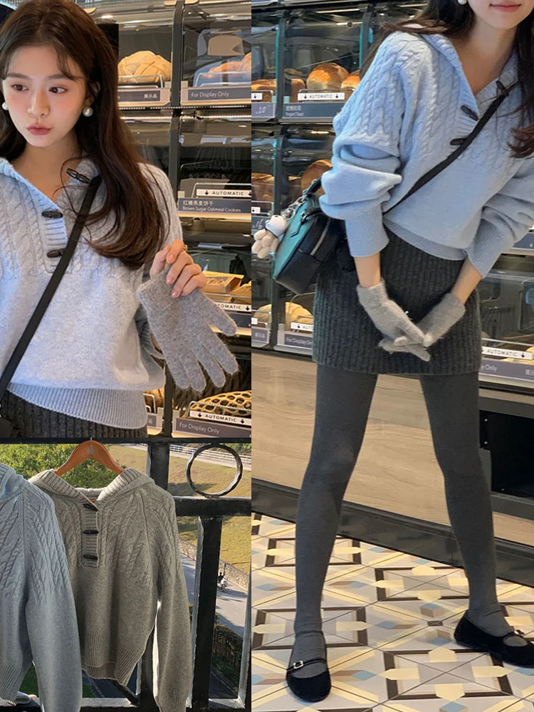 

Chic Korean Sle Women's Loose Knitted Sweater with Hat And Horn Buttons Autumn Winter New Arrival Faionable Top