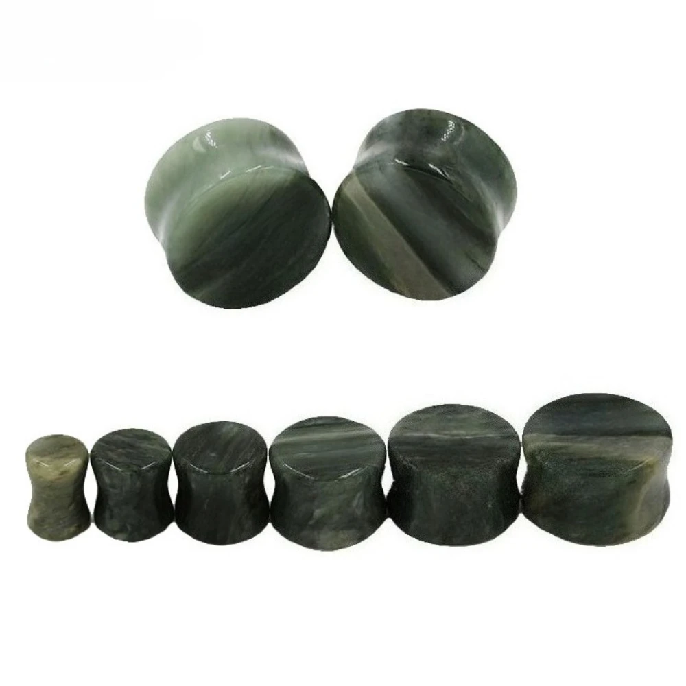 1 Pair High-quality Double-flare Flat-edged Natural Green-lined Jasper Earring with Piercing, Body Jewelry 2g-5/8