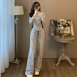 Women Casual Sportswear Slim Round Neck Long-sleeved T-shirt Sweatshirt Loose Wide-legged Pants 2pcs Tracksuit Trouser Suits