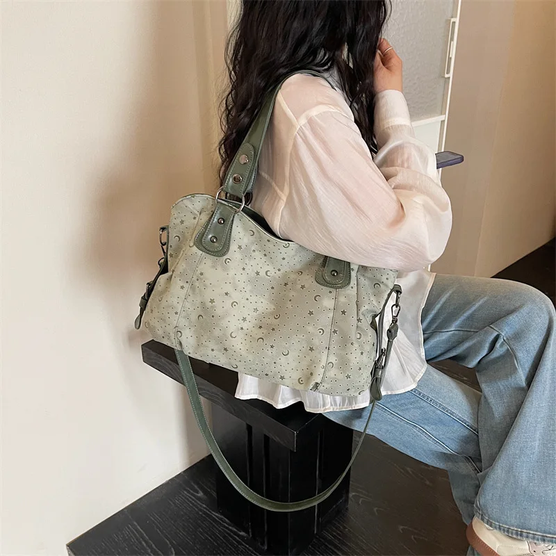 Vintage Star Moon Print Tote Bag for Women Large Capacity Handbag Removable Shoulder Strap Casual Crossbody Commuter Bag