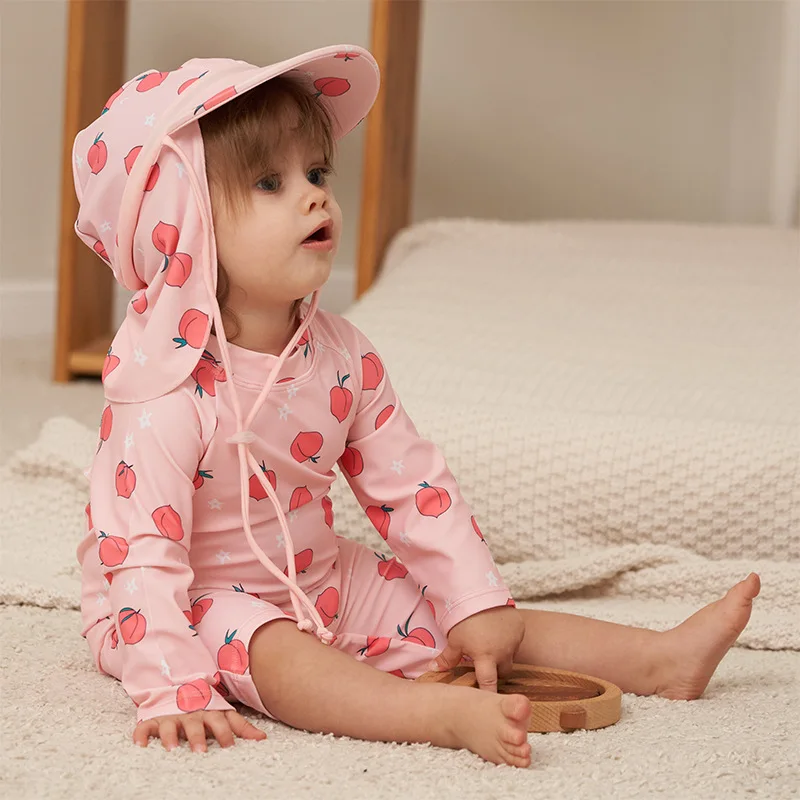 

Summer Baby Girls Swimsuit One-Piece Long Sleeve Bathing Suit Toddler 1-7Y Pink Peach Style With Sunhat Quick Dry