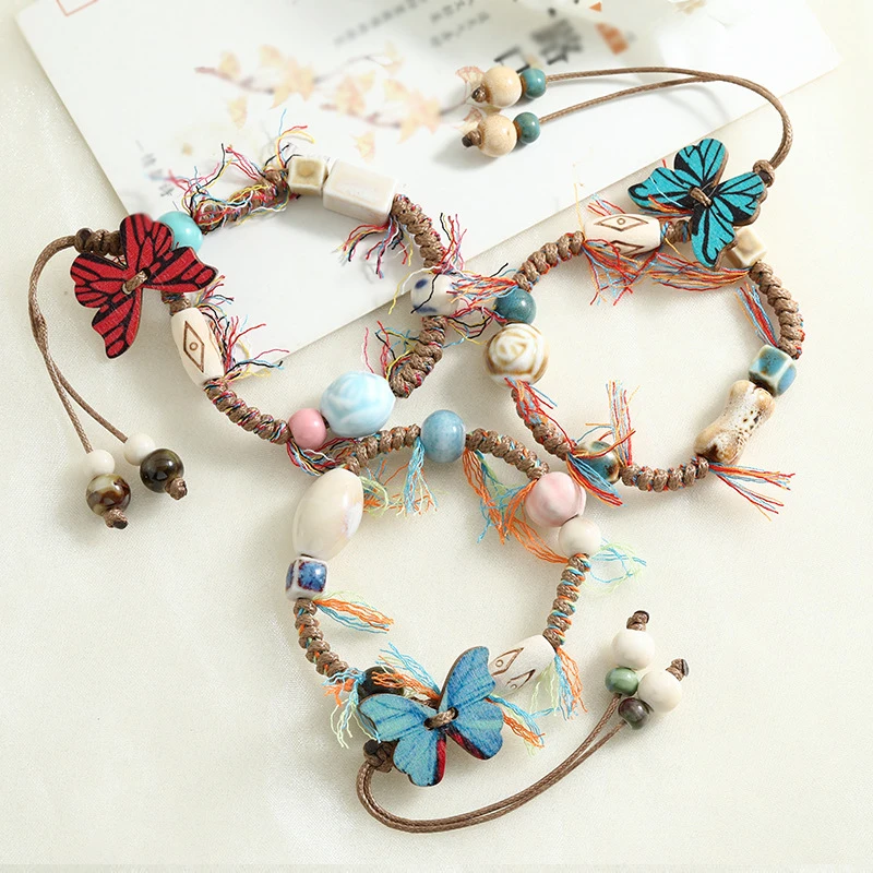 2026New creative butterfly forest-themed simple and versatile student ceramic handmade woven bracelet accessory