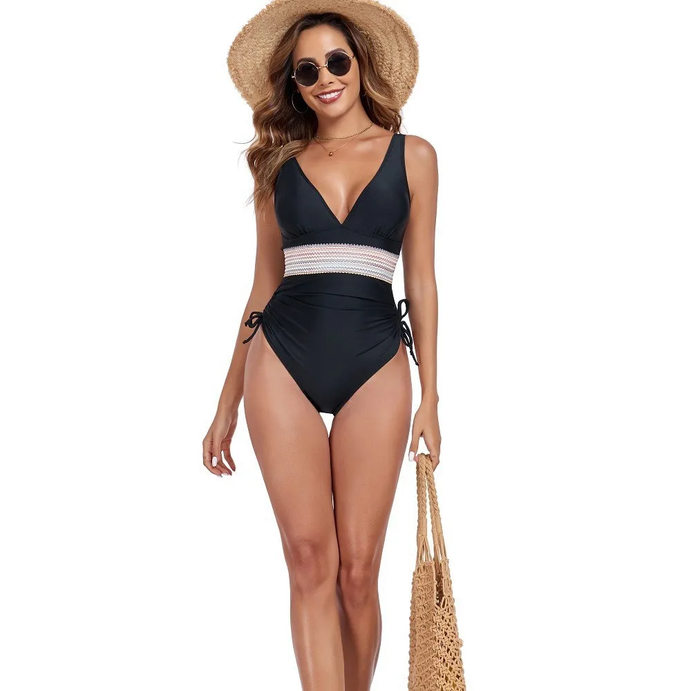 High Waist Swimwear Women One Piece Swimsuit Sexy V-Neck Push Up Bathing Suit Halter Drawstring Bandage Beachwear Monokini Black