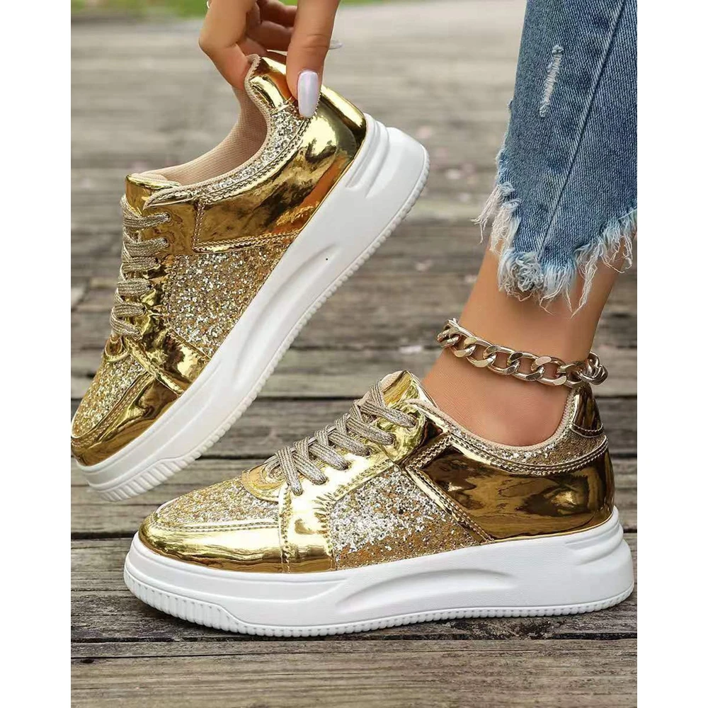 Going Out Women Lace-up Breathable Bling Sequin Sneakers Spring Autumn Round Toe Platform Sports Casual Shoes Korean Style