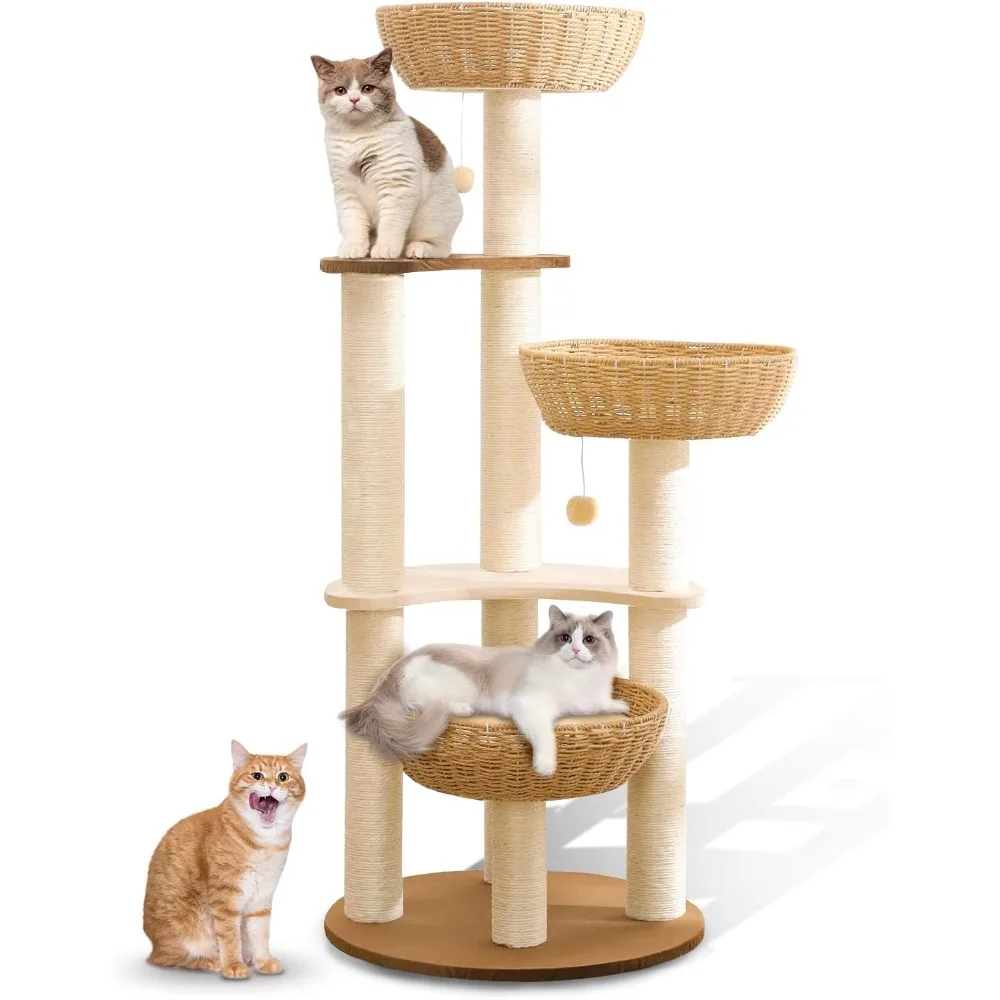 

52" Modern Cat Tree Tower for Large Cats, 3Cat Nests Manual Hand Woven Multilevel Huge Paws Pals Cat Tree, Wood Cat Tower