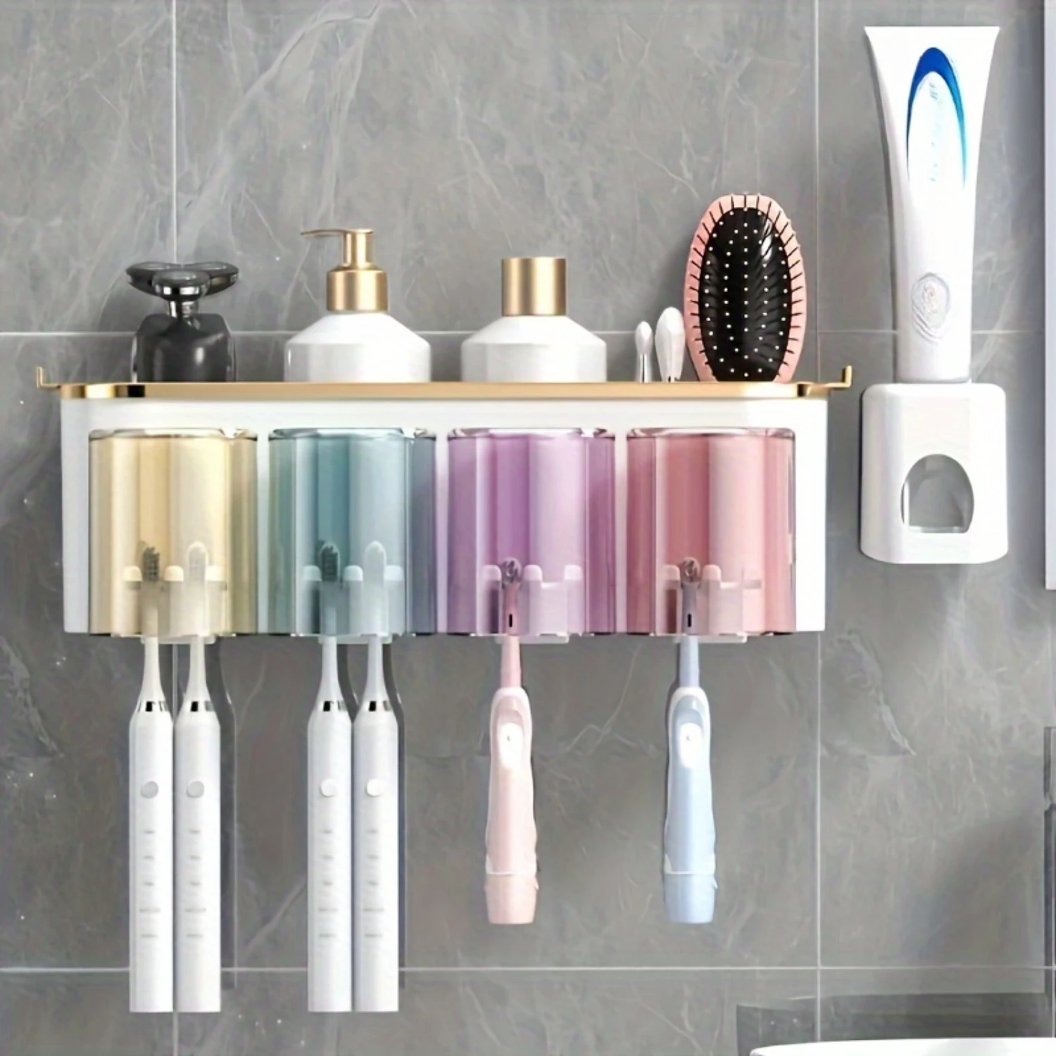 

Space-Saving Wall-Mounted Toothbrush & Gargle Cup Holder - Multi-Functional Bathroom Organizer For And Commercial Use