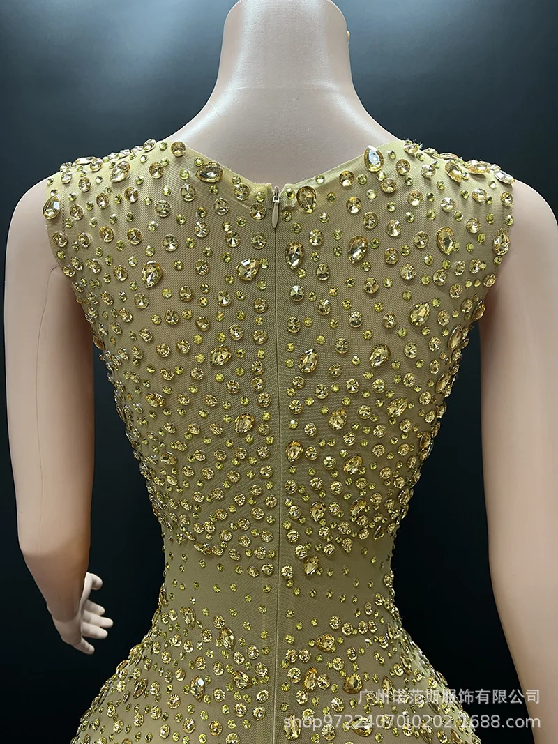 Robe Sexy à bretelles avec strass dorés, jupe de plage, vent, société, réunion annuelle, haut de gamme, robes de bal de luxe pour femmes