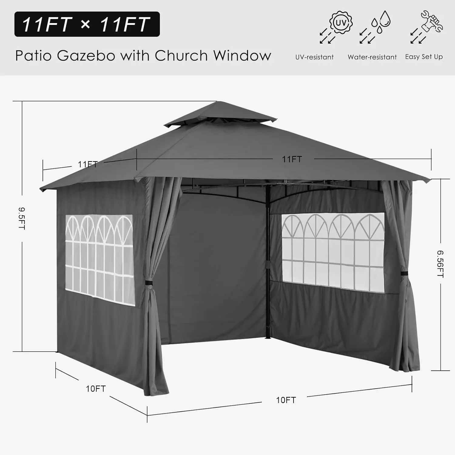 Patio Gazebo Steel Frame Outdoor Gazebo With Windows Curtains (11X11,Dark Gray)